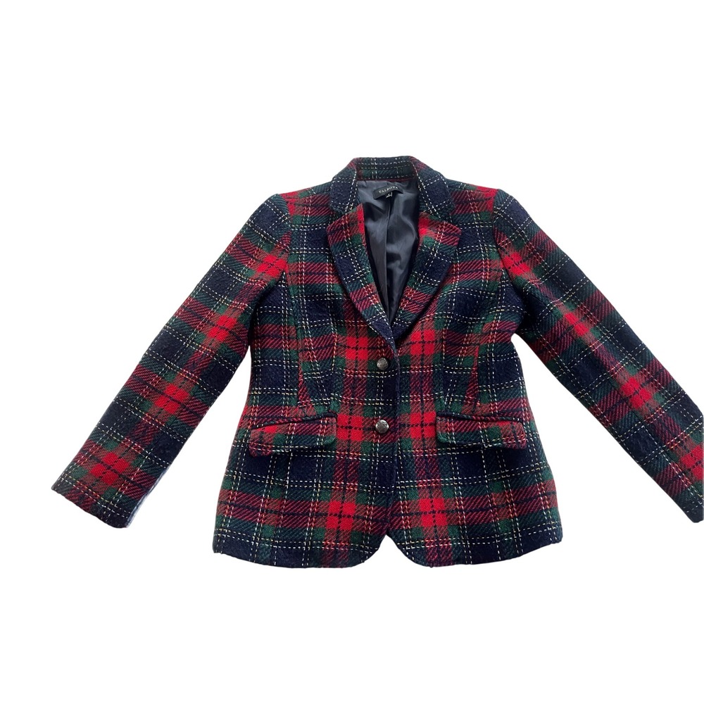 Womens Plaid Wool Blend Blazer Navy Red Green Two Button Sz 8 Christmas Fall